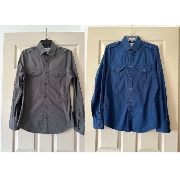 Express Other - Express Fitted Stretch Cotton Shirt Mens S Small Roll Tab Sleeve Gray Blue LOT